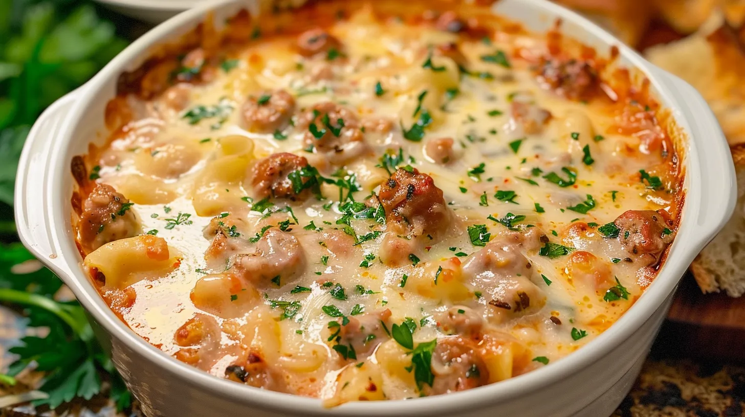 A bowl of creamy Parmesan Italian sausage soup with crusty bread and parsley garnish.