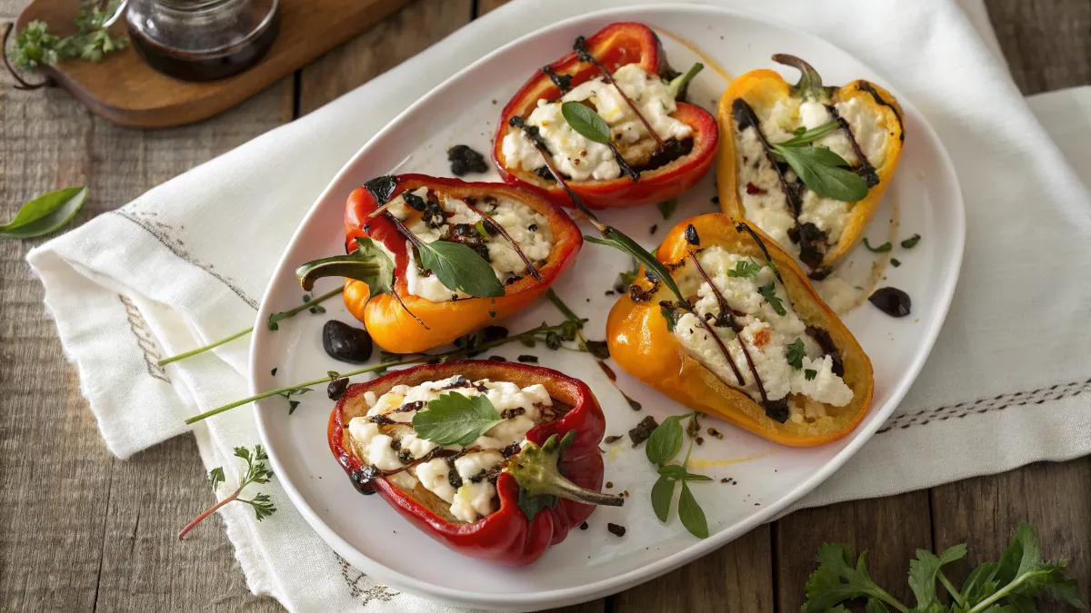 Sweet Peppers with Goat Cheese and Balsamic Vinegar on a rustic plate, garnished with fresh herbs.