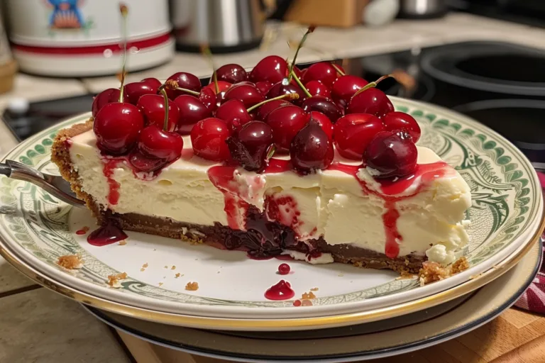A slice of Philadelphia cherry cheesecake on a dessert plate, topped with cherry pie filling and a fork beside it.