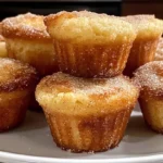 Cinnamon Sugar French Toast Muffins on a wooden board with coffee and cinnamon sugar on a bright kitchen counter