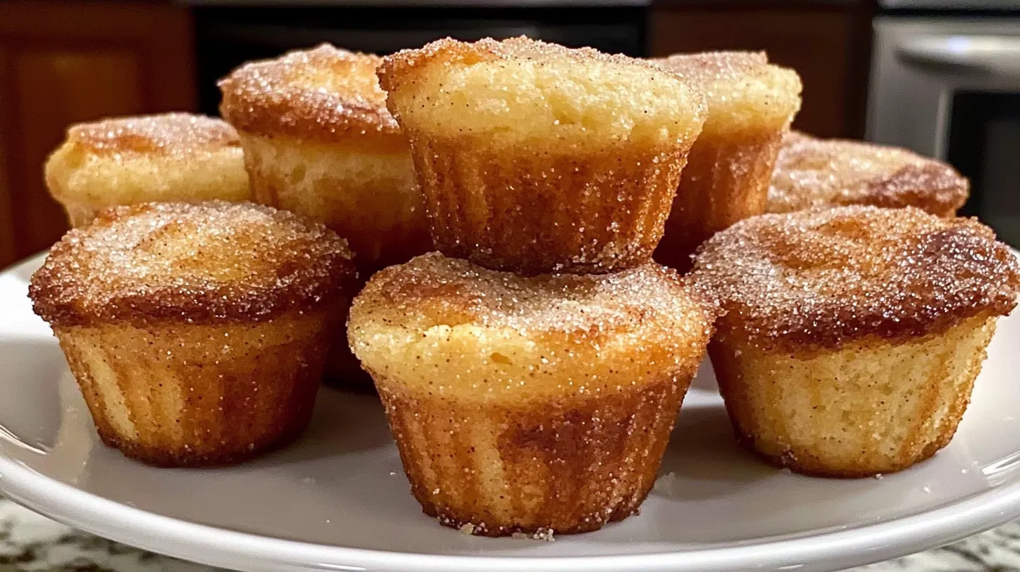 Cinnamon Sugar French Toast Muffins on a wooden board with coffee and cinnamon sugar on a bright kitchen counter