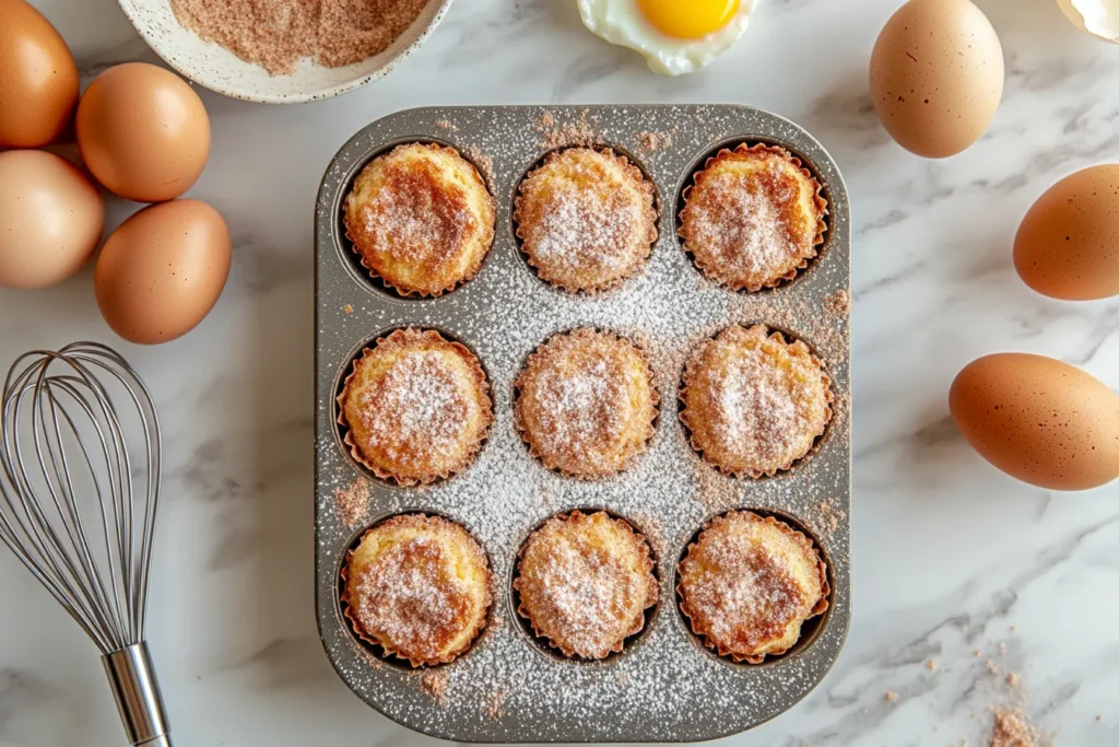 Tray of Cinnamon Sugar French Toast Muffins with whisk and eggs in the background