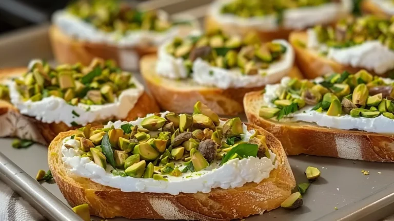 Goat cheese and pistachio bruschetta on a wooden tray with fresh thyme and pistachios.