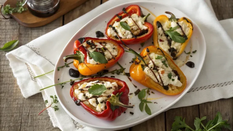 Sweet Peppers with Goat Cheese and Balsamic Vinegar on a rustic plate, garnished with fresh herbs.